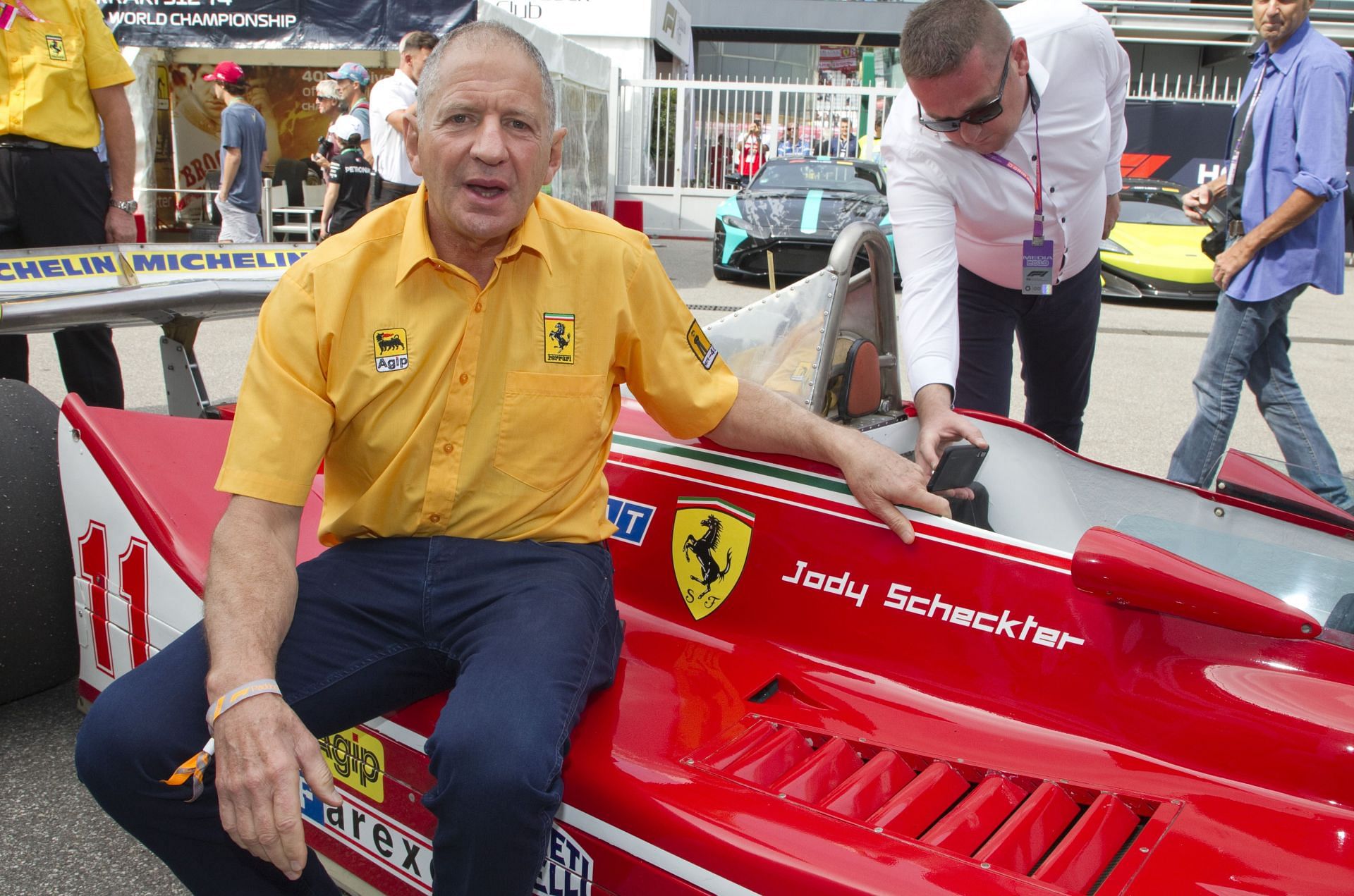 Jody Scheckter with his Ferrari car (Image Source: Getty)